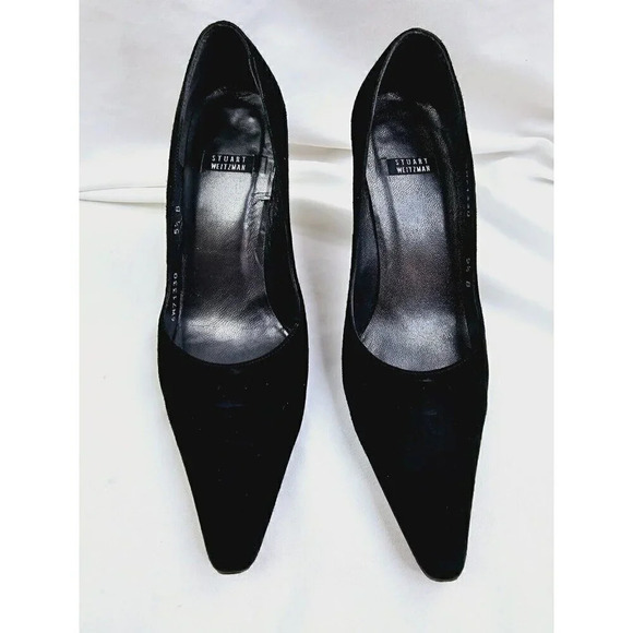 Stuart Weitzman Size 5.5B Women Black Suede Slip On Pointed Toe Heel Pumps Spain - Picture 4 of 11